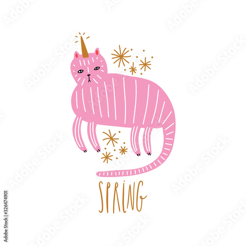 Cute caticorn lettering illustration. Cat unicorn, kitty magic party animal concept. Doodle cartoon stylish character. Vector EPS clip art photo