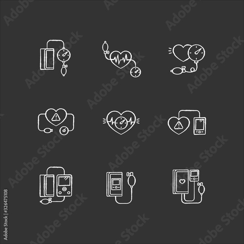 Early pregnancy symptom chalk white icons set on black background. High blood pressure. Doctor check. Patient healthcare. Manometer measure. Isolated vector chalkboard illustrations