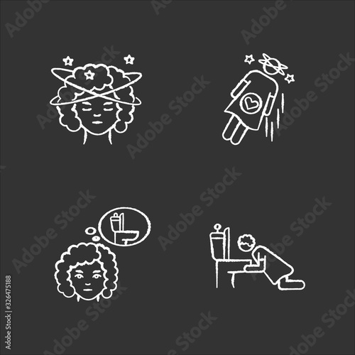 Early pregnancy symptom chalk white icons set on black background. Lady with dizziness. Woman fainting. Frequent urination urge. Vomiting from nausea. Isolated vector chalkboard illustrations