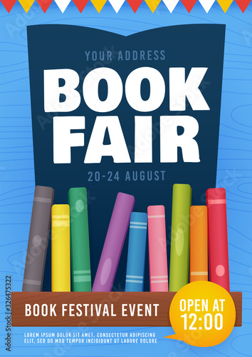 Book Fair flyer event Invitation. Bookshelf. Book Festival poster. Vector illustration