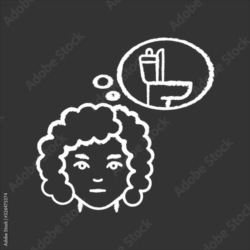 Frequent urination chalk white icon on black background. Urgent need to pee. Early symptom of pregnancy. Sign of diabetes. Public restroom use for cystitis. Isolated vector chalkboard illustration
