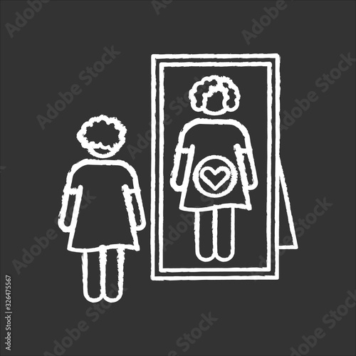 Intuitive feeling chalk white icon on black background. Early sign of pregnancy. Woman awaiting for baby. Expectant adult. Anticipation to give birth. Isolated vector chalkboard illustration