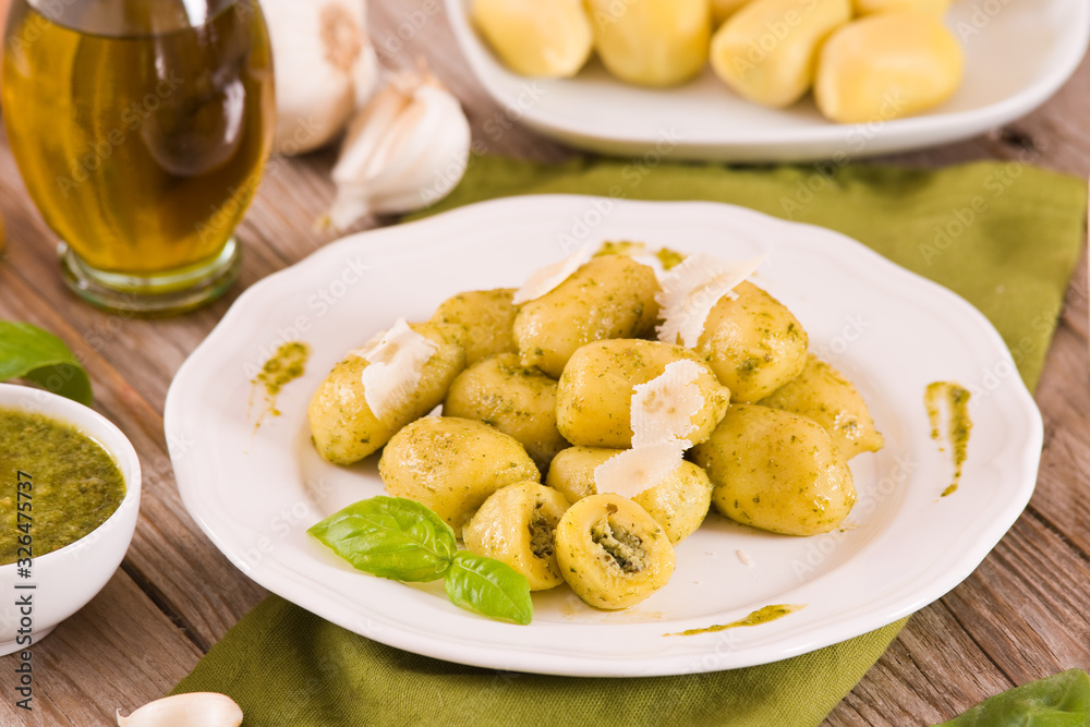 Potato gnocchi stuffed with pesto sauce. Potato gnocchi stuffed with pesto sauce.