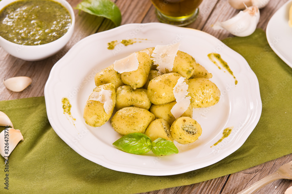 Potato gnocchi stuffed with pesto sauce. Potato gnocchi stuffed with pesto sauce.