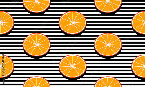 Seamless background with black stripes and slices mandarins with dark shadow. Vector fruit design for pattern or template.