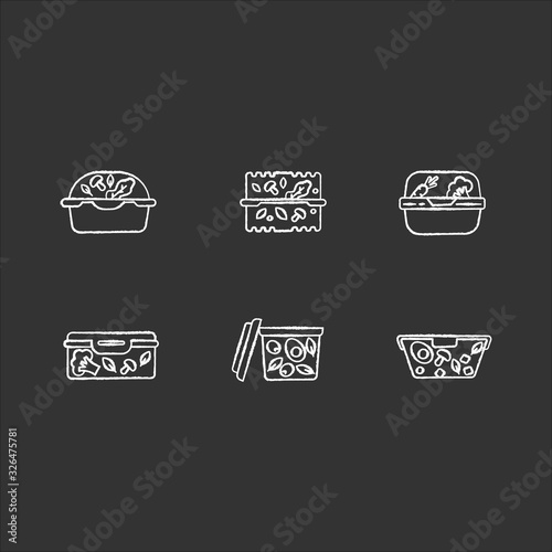 Plastic salad containers chalk white icons set on black background. Reusable food packages. Lunch boxes. Packed dinner. Take out meal storage. Isolated vector chalkboard illustrations