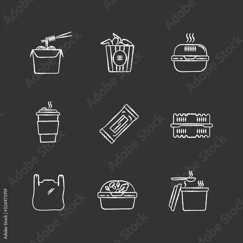 Takeaway food packages chalk white icons set on black background. Noodles, bucket of wings. Burger, coffee to go, bar, plastic container. Bag with handles. Isolated vector chalkboard illustrations