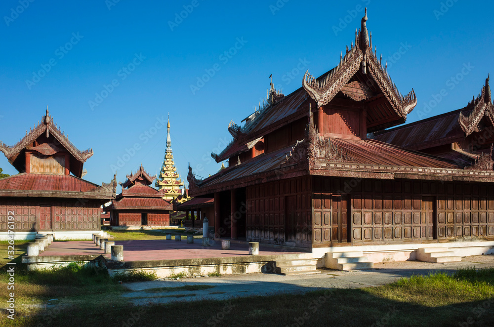 Mandalay royal Palace, Wooden carved buildings inside of palace compound, Myanmar
