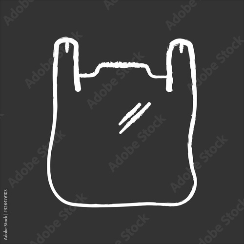 Plastic bag with handles chalk white icon on black background. Disposable empty clear package. T shirt bag polyethylene wrapping. Takeaway transparent pack. Isolated vector chalkboard illustration