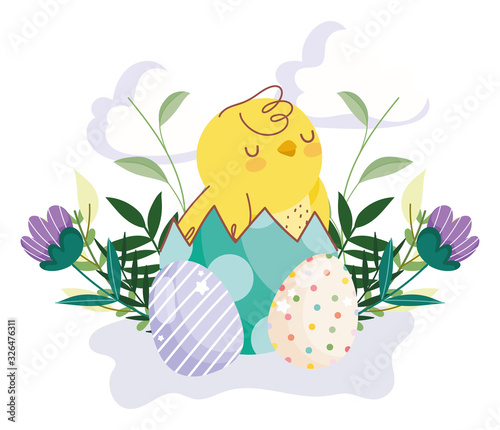 happy easter cute chicken in eggshell eggs flowers leaves decoration