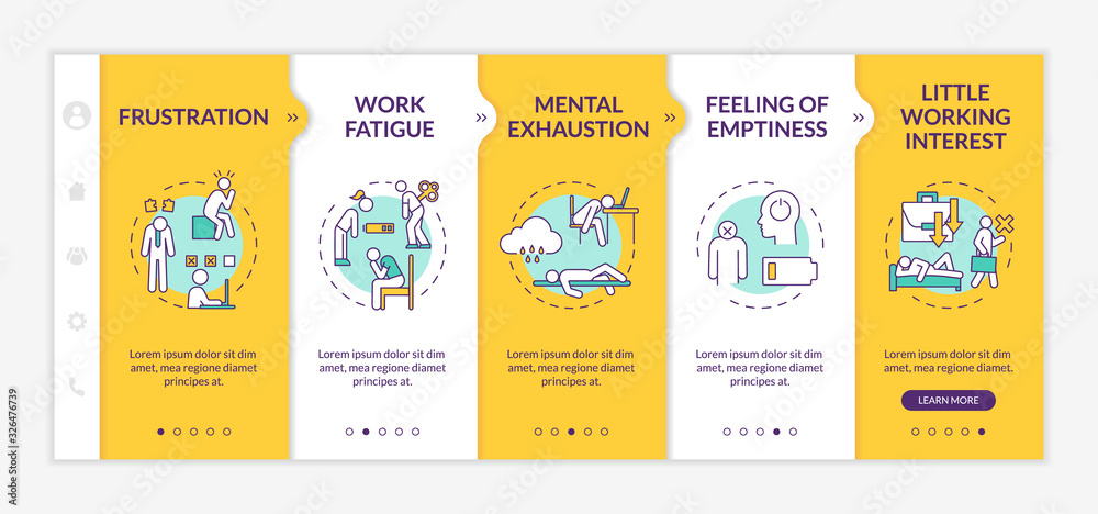 Burnout onboarding vector template. Lazy employee. Mental exhaustion. Feeling of emptiness. Work fatigue. Responsive mobile website with icons. Webpage walkthrough step screens. RGB color concept
