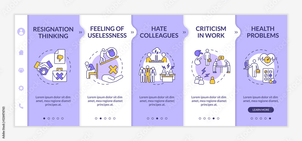Burnout onboarding vector template. Critisism at workplace. Thinking of resignation. Work problems. Responsive mobile website with icons. Webpage walkthrough step screens. RGB color concept