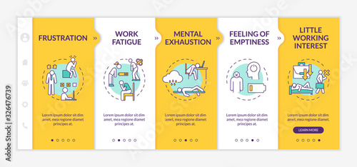 Burnout onboarding vector template. Lazy employee. Mental exhaustion. Feeling of emptiness. Work fatigue. Responsive mobile website with icons. Webpage walkthrough step screens. RGB color concept