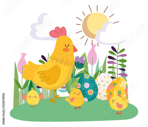 happy easter cute hen and chickens with eggs flowers floral sun day