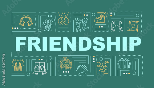 Friendship word concepts banner. Soulmate relationships. Interpersonal communication. Infographics with linear icons on emerald background. Isolated typography. Vector outline RGB color illustration
