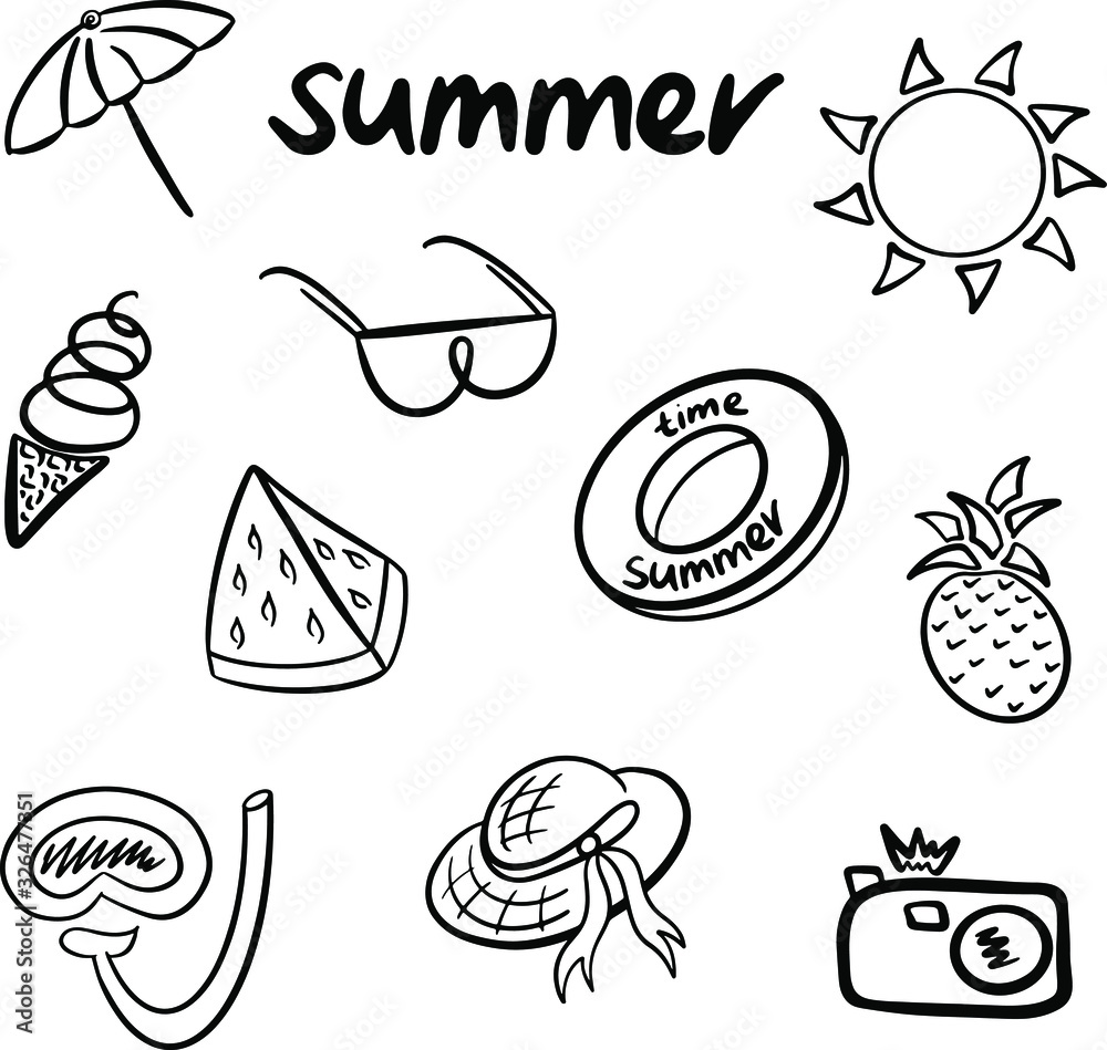 black summer icons, sunglasses, hat, camera, sun, ice cream, mask and circle for swimming, pineapple, Doodle style umbrella, for stickers, accessories, scrapbooking, party, beach sign
