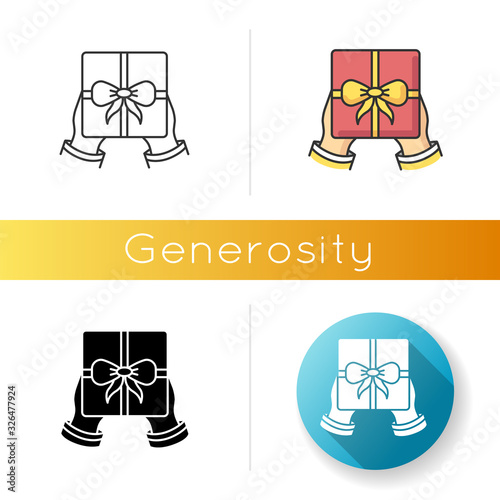 Generosity icon. Linear black and RGB color styles. Virtuous behavior, selfless giving. Birthday, holiday event, special occasion celebration. Festive present isolated vector illustrations