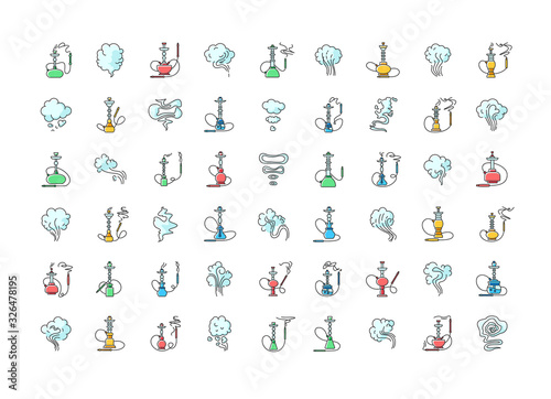 Hookah bar RGB color icons set. Sheesha house. Nargile lounge. Odor from pipe. Scent of vaporizing. Smoking area. Fragrance emblem. Accessories for shisha. Isolated vector illustrations