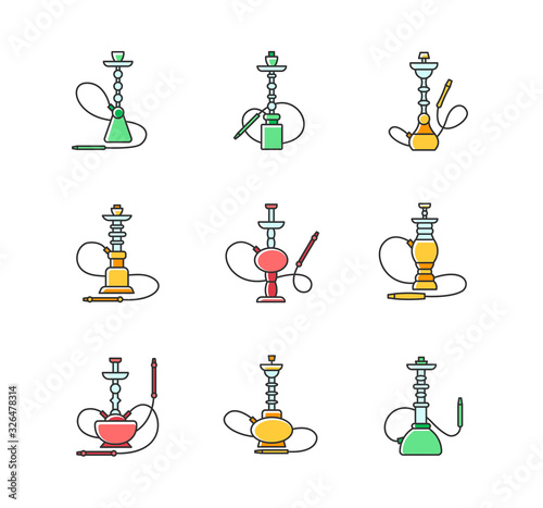 Hookah RGB color icons set. Custom object. Sheesha house. Nargile lounge. Odor from pipe. Scent of vaporizing. Smoking area. Accessories for shisha. Oriental hooka. Isolated vector illustrations