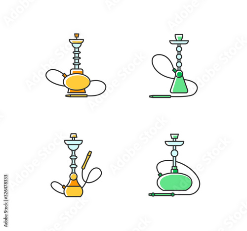 Hookah RGB yellow and green color icons set. Amusement with friends. Sheesha house. Nargile lounge. Odor from pipe. Smoking area. Accessories for shisha. Oriental hooka. Isolated vector illustrations