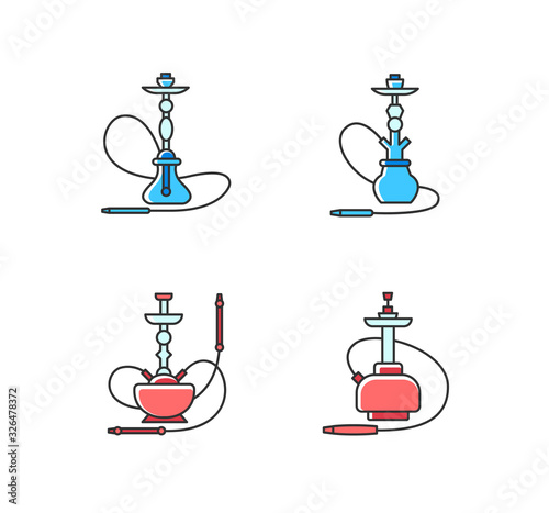 Hookah RGB red and blue color icons set. Ceremony utensil. Sheesha house. Nargile lounge. Scent of vaporizing. Smoking area. Accessories for shisha. Oriental hooka. Isolated vector illustrations