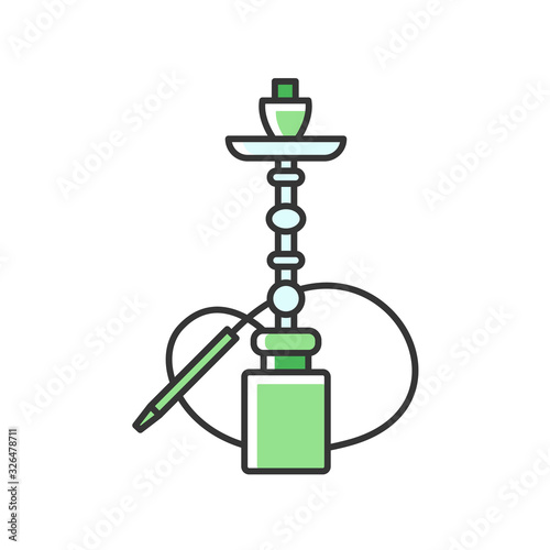 Hookah RGB green color icon. Sheesha house. Water pipe, bong. Nargile lounge. Odor from pipe. Scent of vaporizing. Smoking area. Accessories for shisha. Oriental hooka. Isolated vector illustration