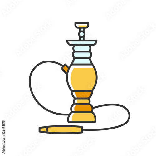 Hookah RGB yellow color icon. Sheesha house. Smoke pipe and relax indoors. Nargile lounge. Odor from pipe. Scent of vaporizing. Accessories for shisha. Oriental hooka. Isolated vector illustration