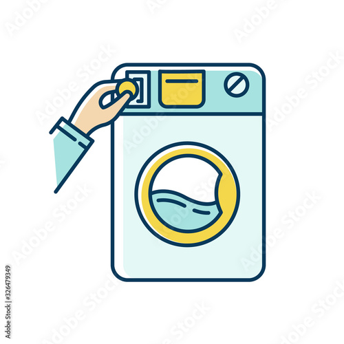Self-service laundry blue and yellow RGB color icon. Laundromat, washateria, commercial washer, coin wash service, industrial laundry machine. Housework, chores. Isolated vector illustration