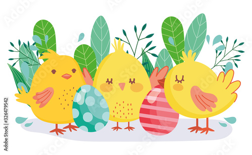 happy easter cute chickens decorative eggs foliage decoration