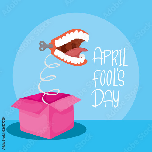 happy april fools day card with surprise box and crazy mouth photo