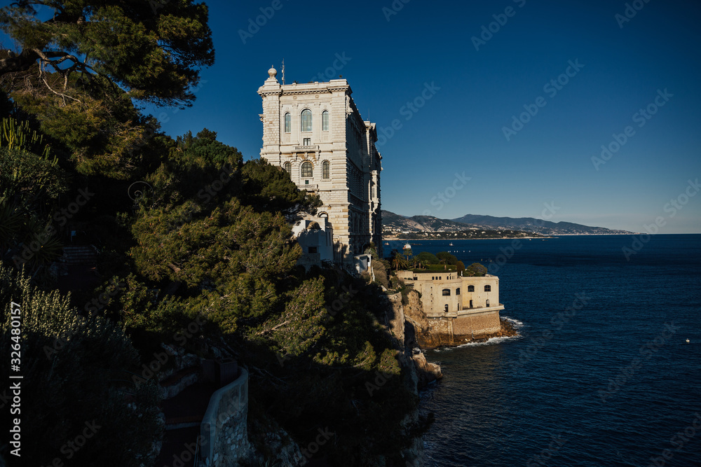 View to museum of oceanography in Monaco. Oceanographic museum on a cliff above the sea in Monaco in sunny day.