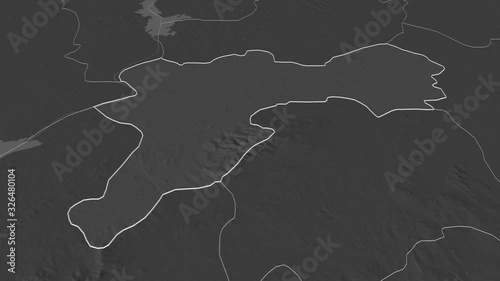 Offaly, county with its capital, zoomed and extruded on the bilevel map of Ireland in the conformal Stereographic projection. Animation 3D photo