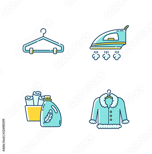 Laundry, clothes care blue and yellow RGB color icons set. Delicate fur dry cleaning and ironing. Fabric softener and clean towels basin, hangers and outerwear. Isolated vector illustrations