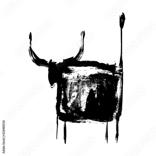 Ox, bull, cow on white background. Lunar horoscope sign ox, bull, cow. Chinese Happy new year 2021. Year of the ox. Lunar new year. Drawing ox, bull, cow ink