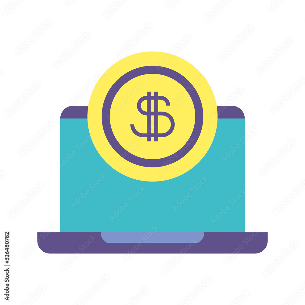 laptop with coin money on white background laptop with coin money on white background