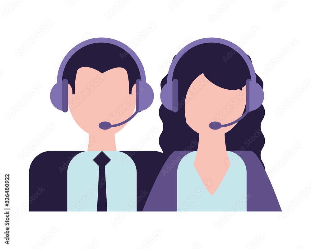 couple of operators with headphones, customer service couple of operators with headphones, customer service