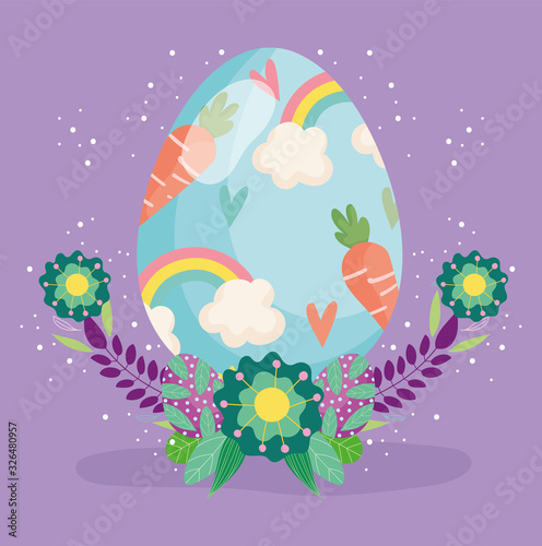 happy easter egg decorated with carrots flowers decoration