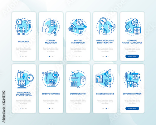 Alternative pregnancy onboarding mobile app page screen with concepts. Genetic engineering. Biotechnology walkthrough 5 steps graphic instructions. UI vector template with RGB color illustrations