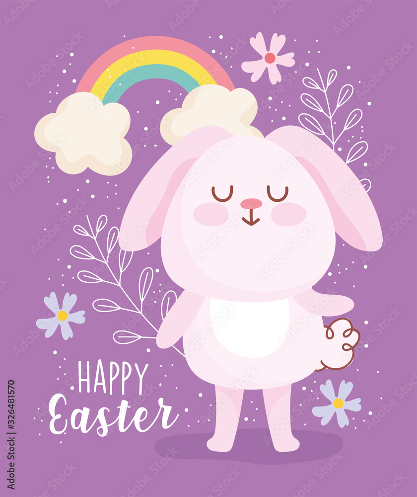 happy easter cute pink rabbit rainbow clouds flowers decoration card happy easter cute pink rabbit rainbow clouds flowers decoration card