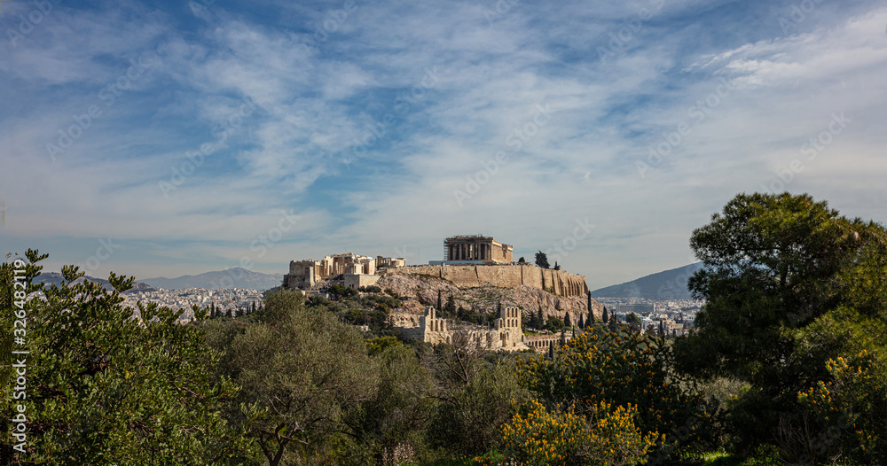 Athens, Greece. Acropolis and Parthenon temple from Filopappos Hill.