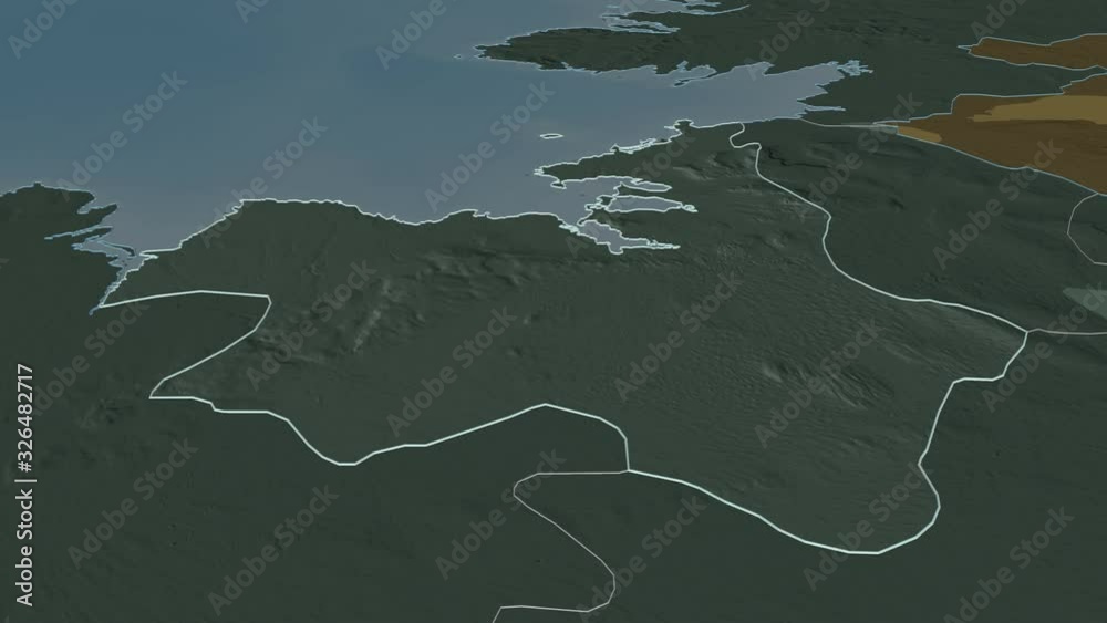 Sligo, county with its capital, zoomed and extruded on the administrative map of Ireland in the conformal Stereographic projection. Animation 3D Sligo, county with its capital, zoomed and extruded on the administrative map of Ireland in the conformal Stereographic projection. Animation 3D