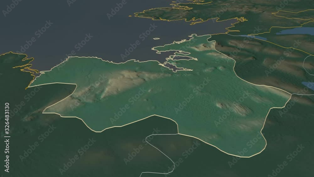 Sligo, county with its capital, zoomed and extruded on the relief map of Ireland in the conformal Stereographic projection. Animation 3D Sligo, county with its capital, zoomed and extruded on the relief map of Ireland in the conformal Stereographic projection. Animation 3D