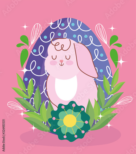 happy easter rabbit with egg behind flowers leaves decoration