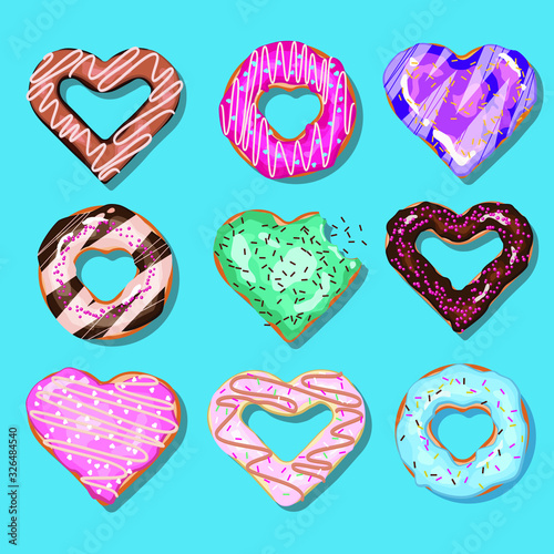 Set of vector heart shaped doughnuts photo