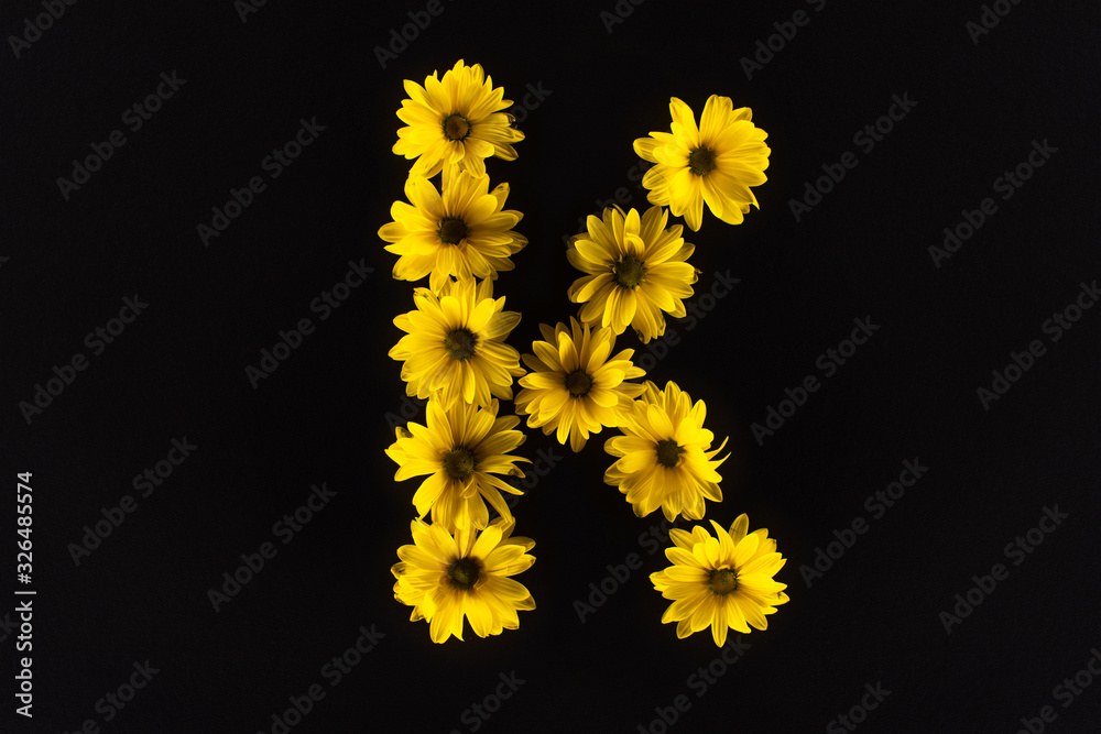 top view of yellow daisies arranged in letter K isolated on black top view of yellow daisies arranged in letter K isolated on black