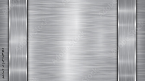 Background in silver and gray colors, consisting of a shiny metallic surface and two vertical polished plates located left and right, with a metal texture, glares and burnished edges