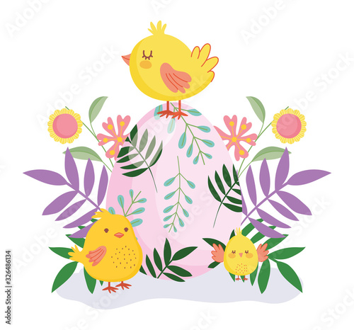happy easter cute chickens colored egg flowers foliage nature