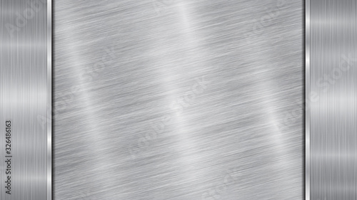 Background in silver and gray colors, consisting of a shiny metallic surface and two vertical polished plates located left and right, with a metal texture, glares and burnished edges