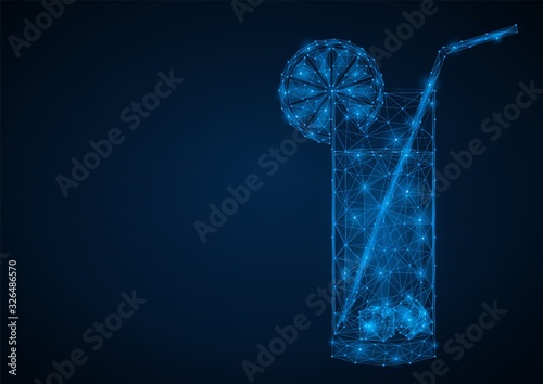 Cooling drink in a glass with lime and ice. Abstract polygonal 3d vector illustration. Triangular lines with dots form a cocktail.