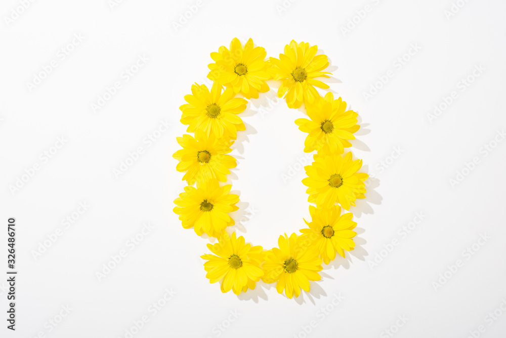 top view of yellow daisies arranged in number 0 on white background top view of yellow daisies arranged in number 0 on white background